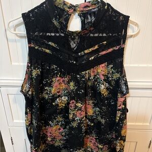 Cottagecore Boho Angels Black and Pink Floral Lace Blouse